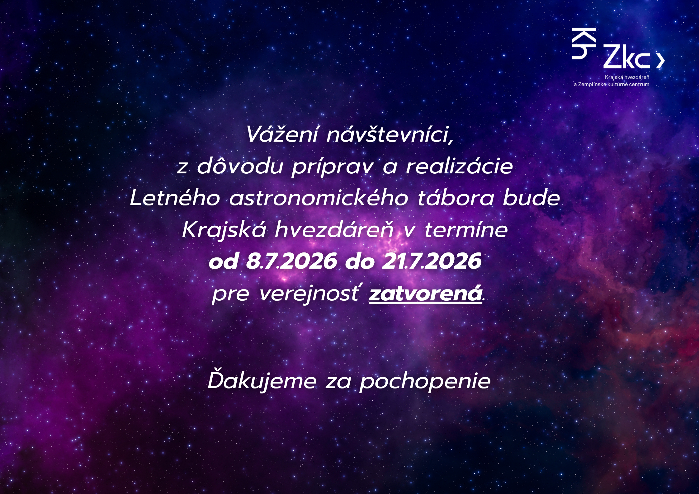 Oznam o dočasnom pozastavení realizácie exkurzií v Krajskej hvezdárni
