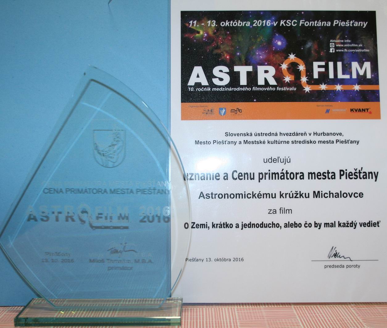 Cena a dpilom z Astrofilmu 2016